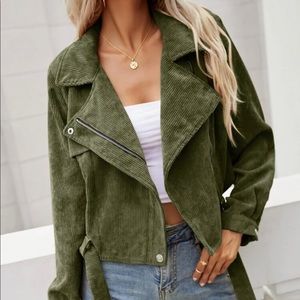 Army Green Corduroy Moto Biker Jacket New